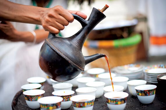 Traditional Ethiopian coffee ceremony — beans roasted in-house at Injera & Beyond